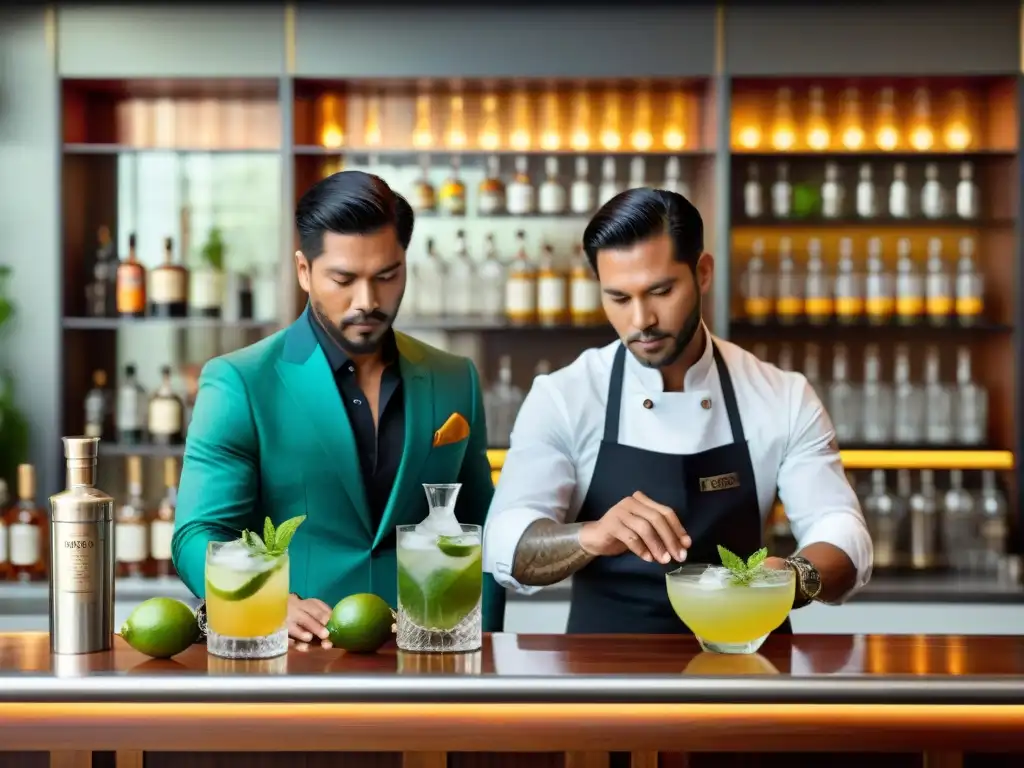 Bartenders peruanos innovan cocteles pisco en un ambiente moderno y elegante, mezclando con maestría ingredientes vibrantes