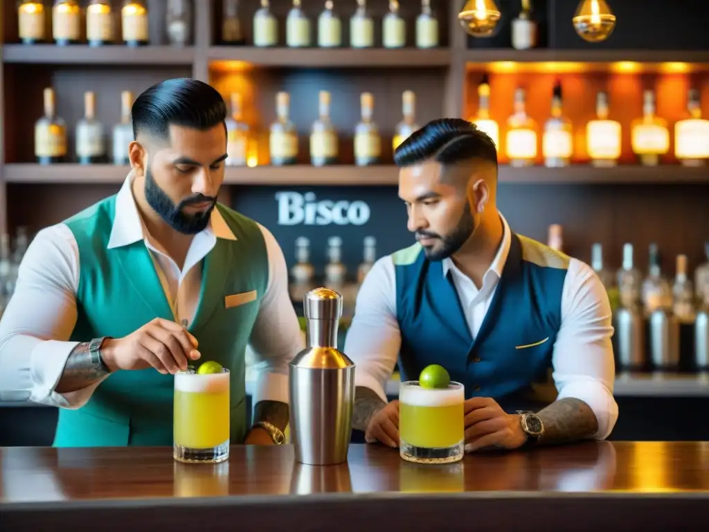 Dos bartenders en Perú preparan meticulosamente pisco sours