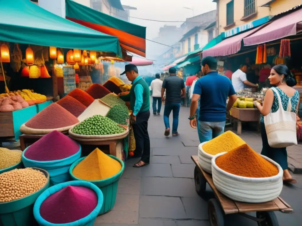 Bebidas tradicionales peruanas autóctonas en bullicioso mercado limeño