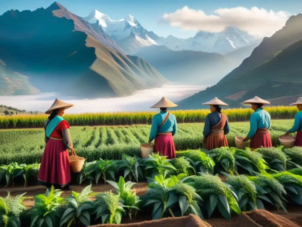 Bellas tradiciones andinas: agricultores cosechando quinua con los Andes de fondo