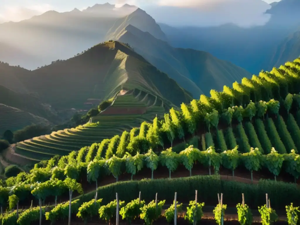 La belleza de los viñedos andinos al amanecer, simbolizando el futuro sostenible de los vinos peruanos