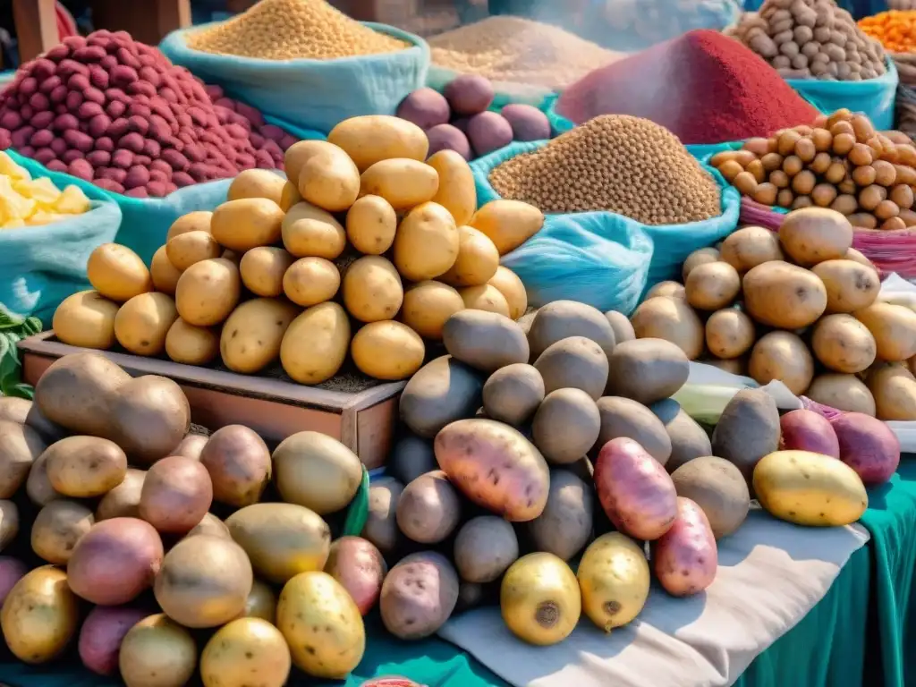 Bello puesto de mercado en Perú con papas nativas peruanas de colores y sabores únicos