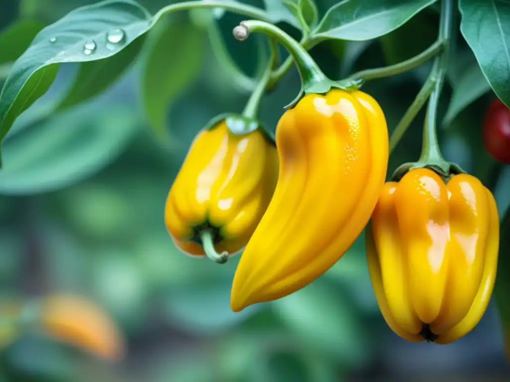 Beneficios del ají amarillo: Detalles y colores vibrantes de ají recién cosechado bajo la luz de la mañana