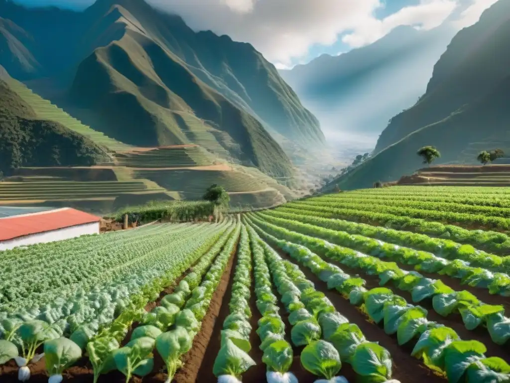 Granja hidropónica vibrante en los Andes: colores y sostenibilidad Beneficios de cultivos hidropónicos peruanos: Granja vibrante en los Andes con lechugas verdes, tomates rojos y hierbas bajo cuidado local