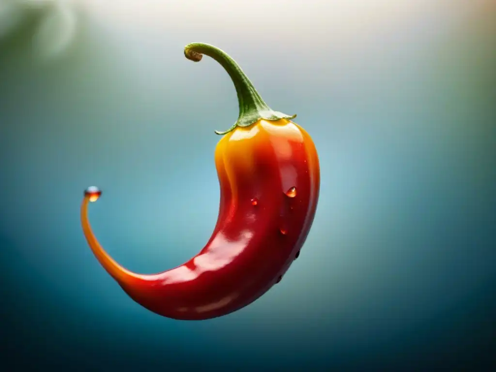 Chile rojo vibrante en suspensión: textura y sabor Descubre los beneficios del ají en gastronomía con esta imagen de un vibrante chile rojo rodeado de gotas de agua