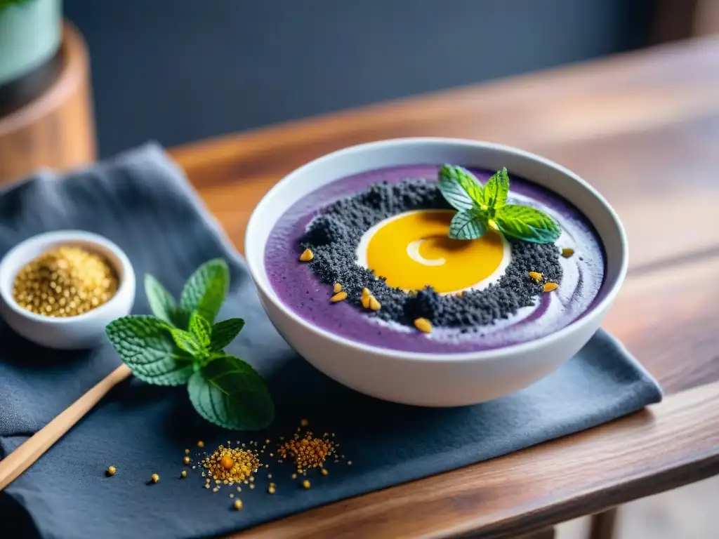 Un bol blanco con smoothie púrpura de carbón activado, decorado con hojas de menta y semillas de chía, sobre mesa de madera rústica