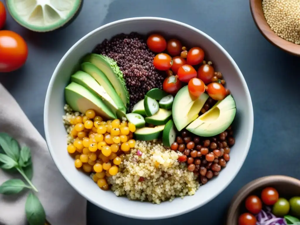 Un bol de ensalada de quinua colorida con supergranos en cocina peruana