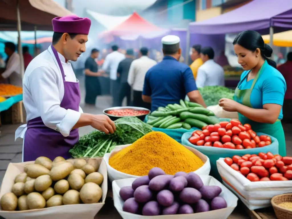 Boom gastronómico peruano potencia culinaria en un bullicioso mercado lleno de colores vibrantes y sabores frescos