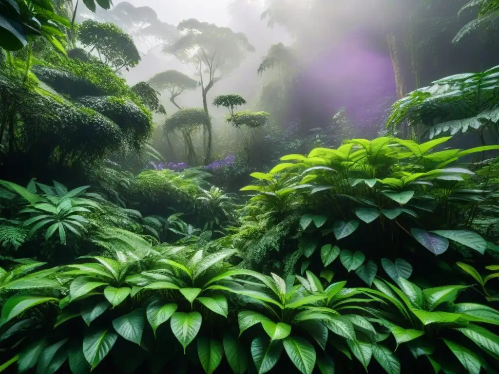 Un bosque amazónico exuberante con plantas de sacha inchi vibrantes, hojas brillantes y flores moradas