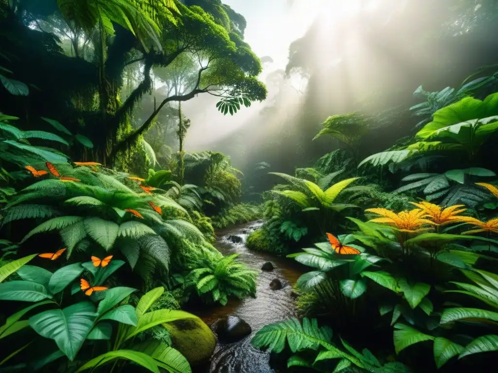 Un bosque exuberante en la Amazonia con diversidad de flora y fauna, ideal para ingredientes amazónicos cocina contemporánea