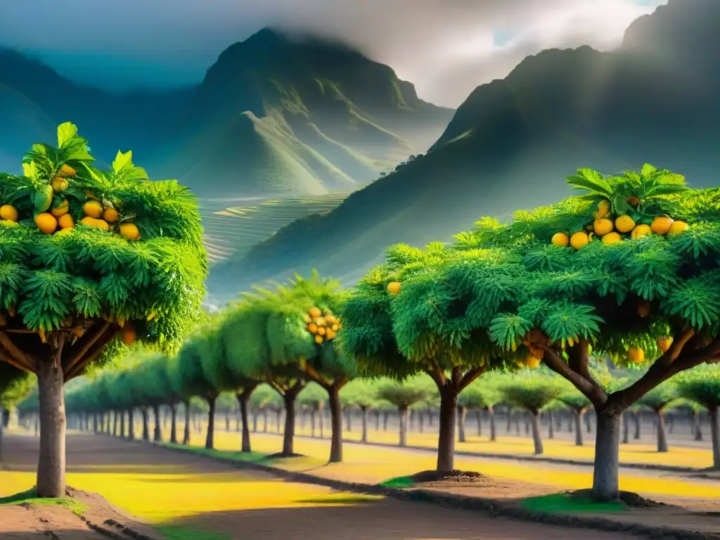 Bosque de lúcumas en Perú ancestral: frutos maduros, hojas verdes y montañas andinas