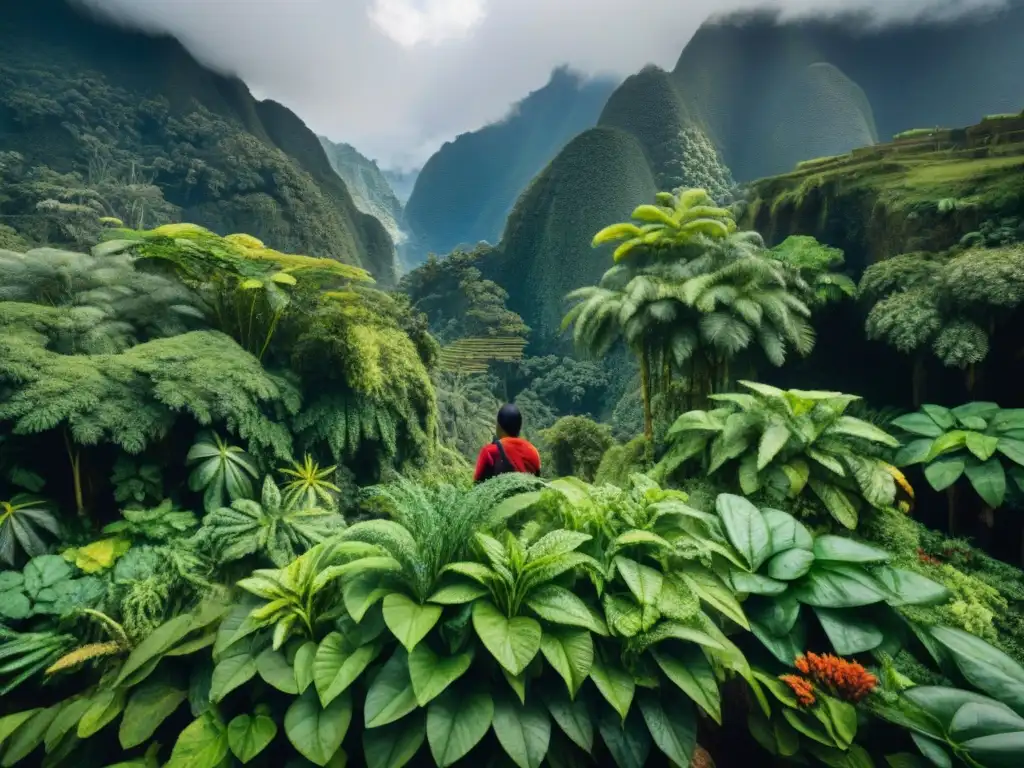 Un bosque tropical exuberante en la selva peruana con hierbas emblemáticas como cilantro, achiote y hojas de coca