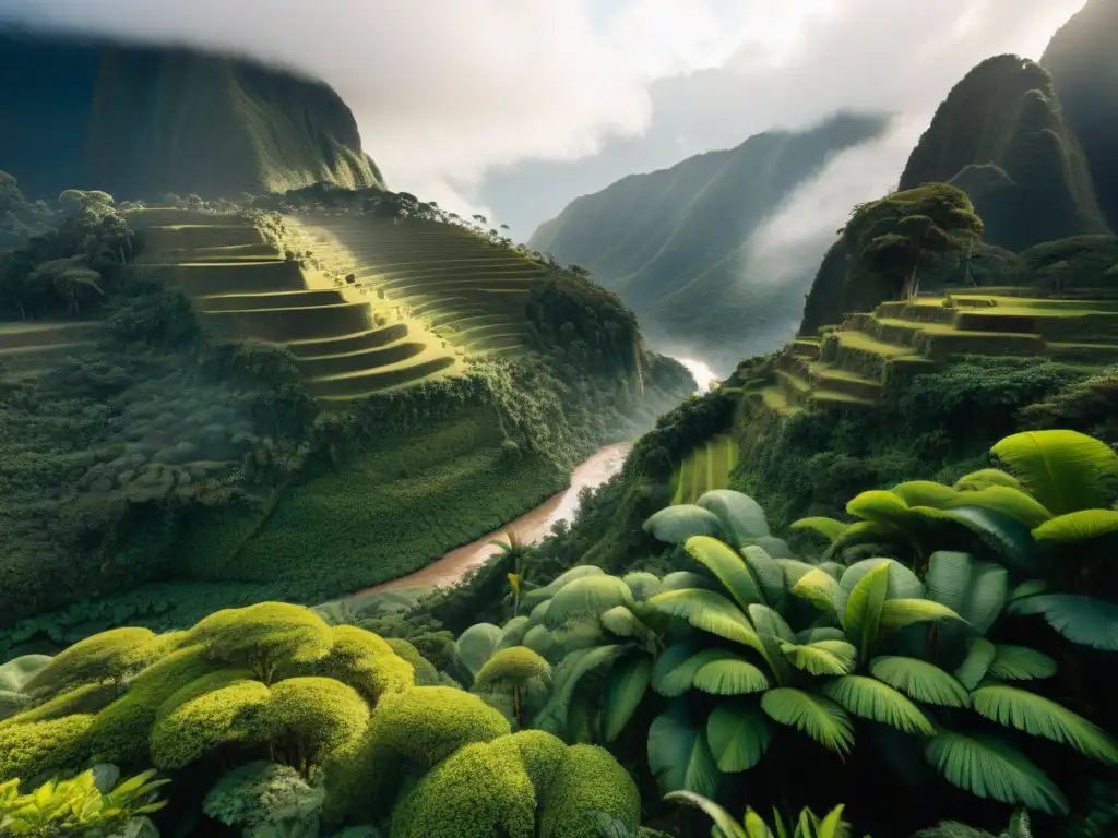 Un bosque tropical peruano exuberante con aves coloridas y plantas únicas