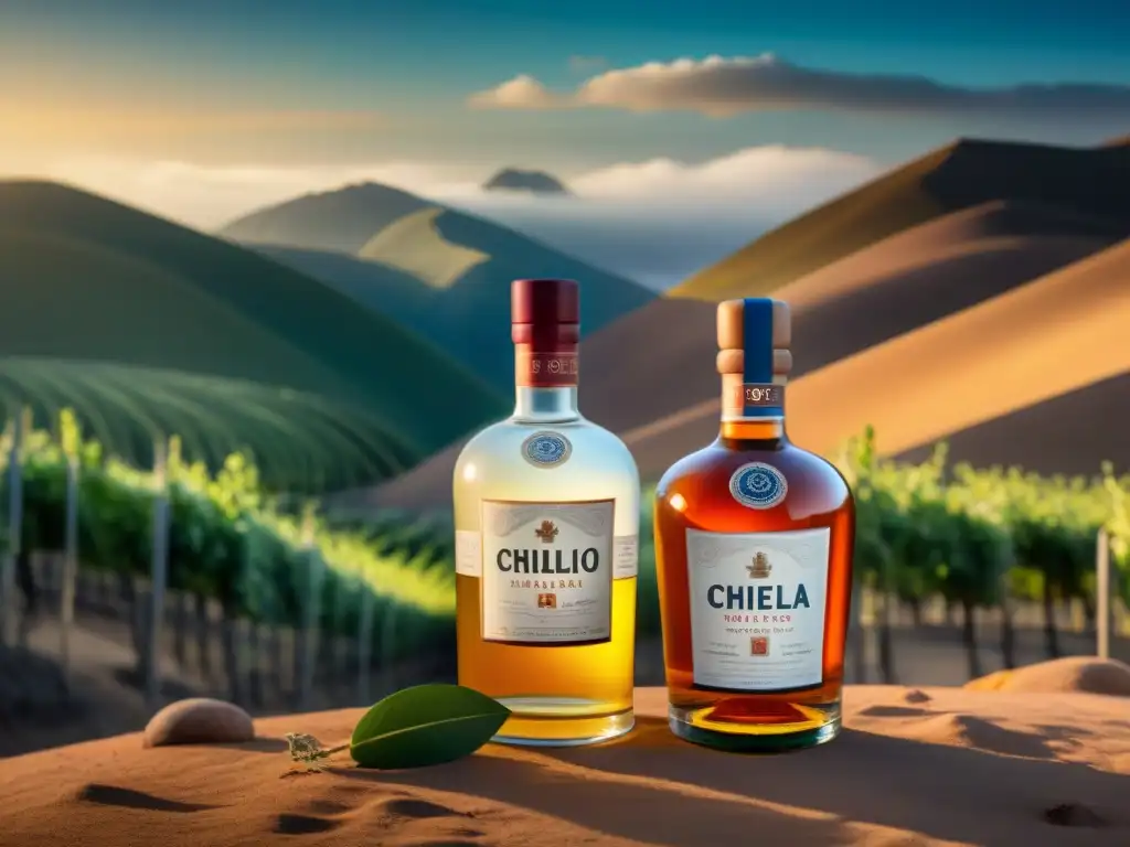 Dos botellas: Pisco peruano y aguardiente chileno, reflejando las diferencias entre ambos licores