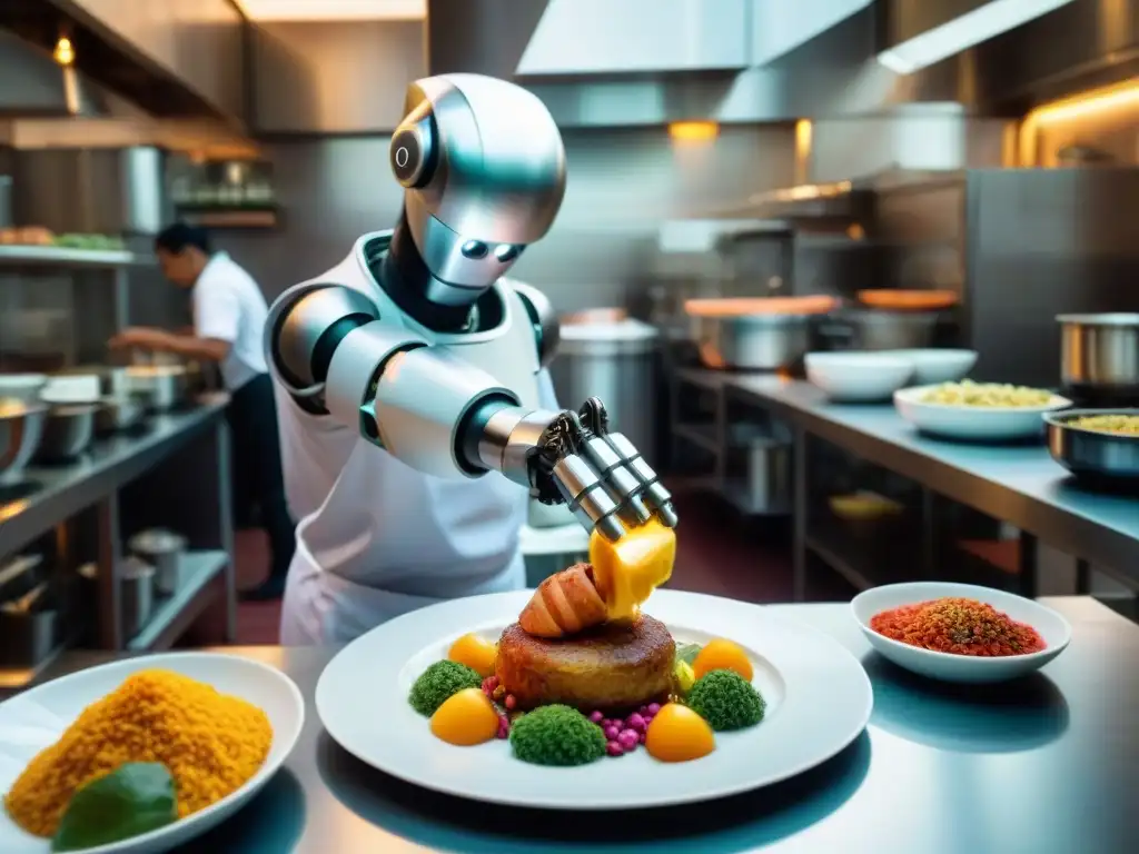 Un brazo robótico futurista preparando plato peruano en restaurante