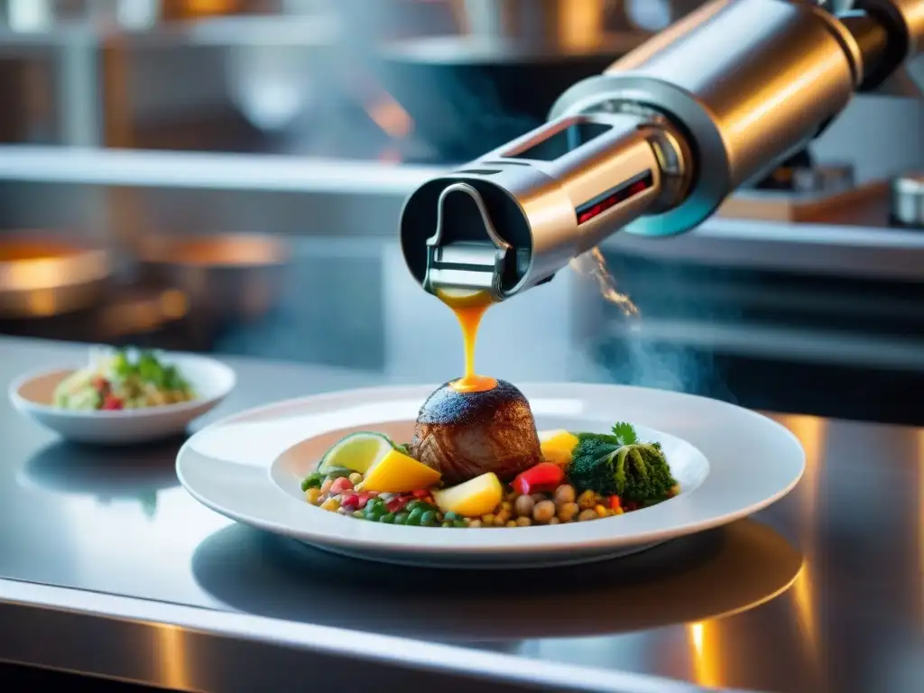 Un brazo robótico preparando plato peruano en restaurante futurista