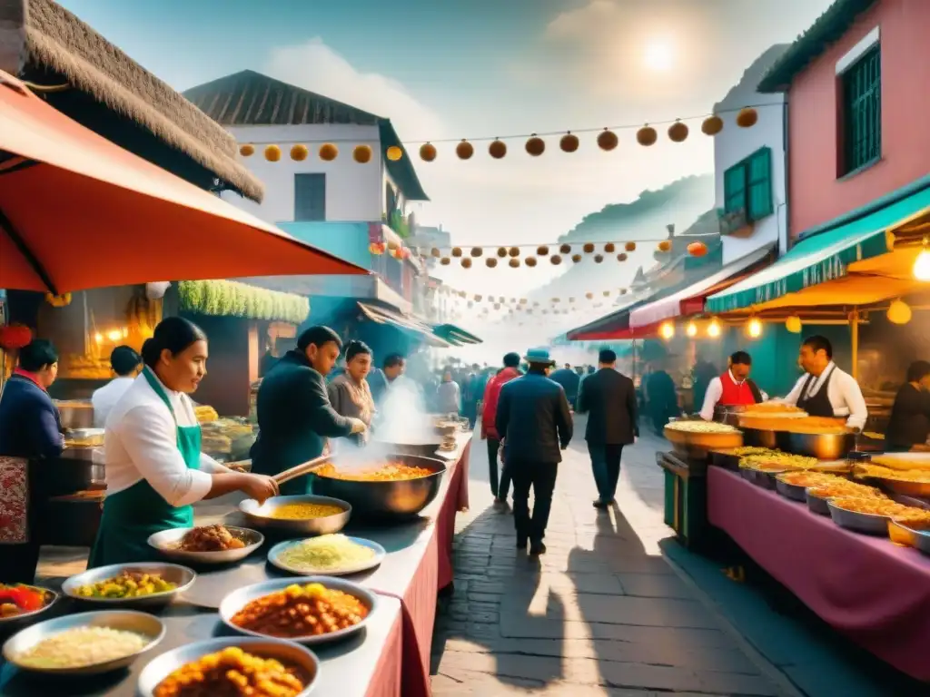 Una bulliciosa calle de Lima con puestos de comida callejera peruana tradicional, colores vibrantes y clientes disfrutando