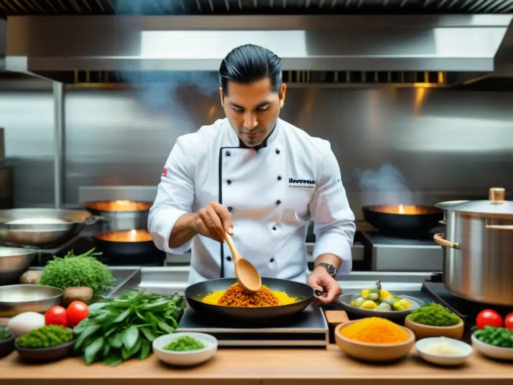 Jaime Pesaque en su bulliciosa cocina peruana, rodeado de ingredientes vibrantes y chefs concentrados, reflejando la evolución constante