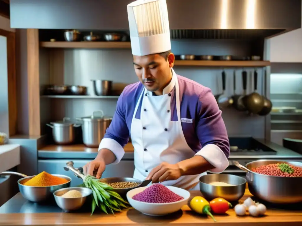 En la bulliciosa cocina de un restaurante peruano tradicional en la Sierra, un chef experto prepara plato vibrante