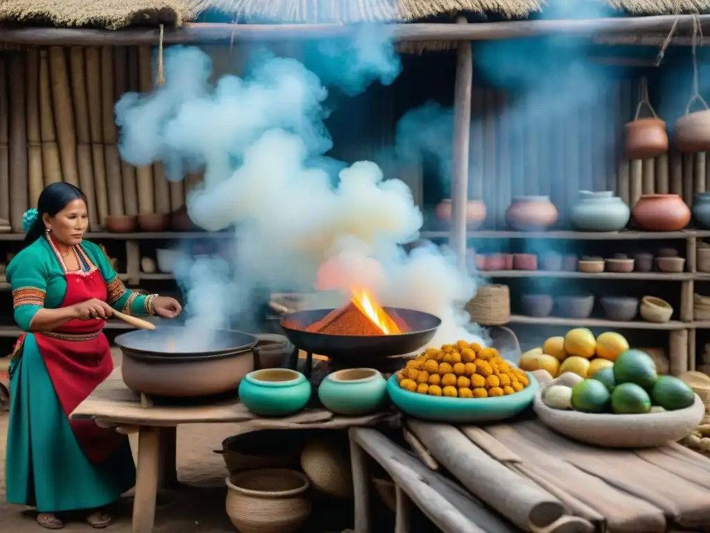 Una bulliciosa cocina tradicional selva peruana llena de vida, con mujeres preparando ingredientes y estufa de barro humeante