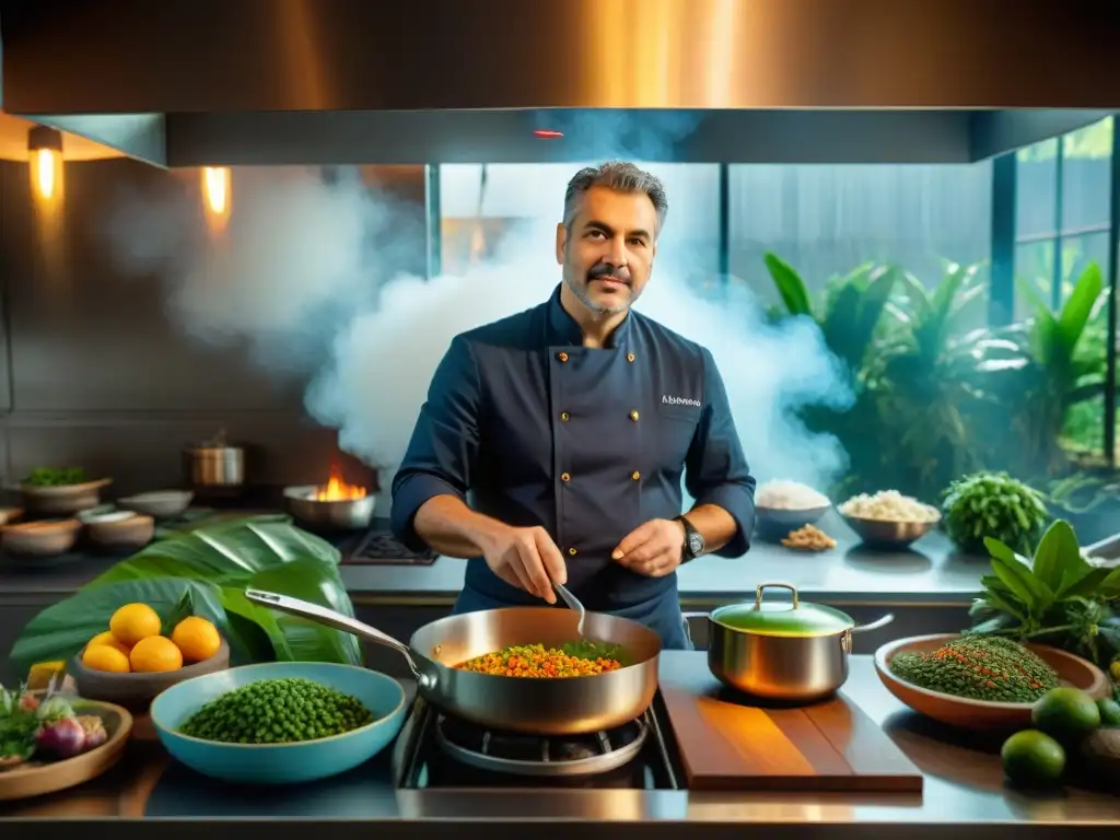 En la bulliciosa cocina amazónica urbana, Chef Pedro Miguel Schiaffino enseña técnicas innovadoras a jóvenes chefs