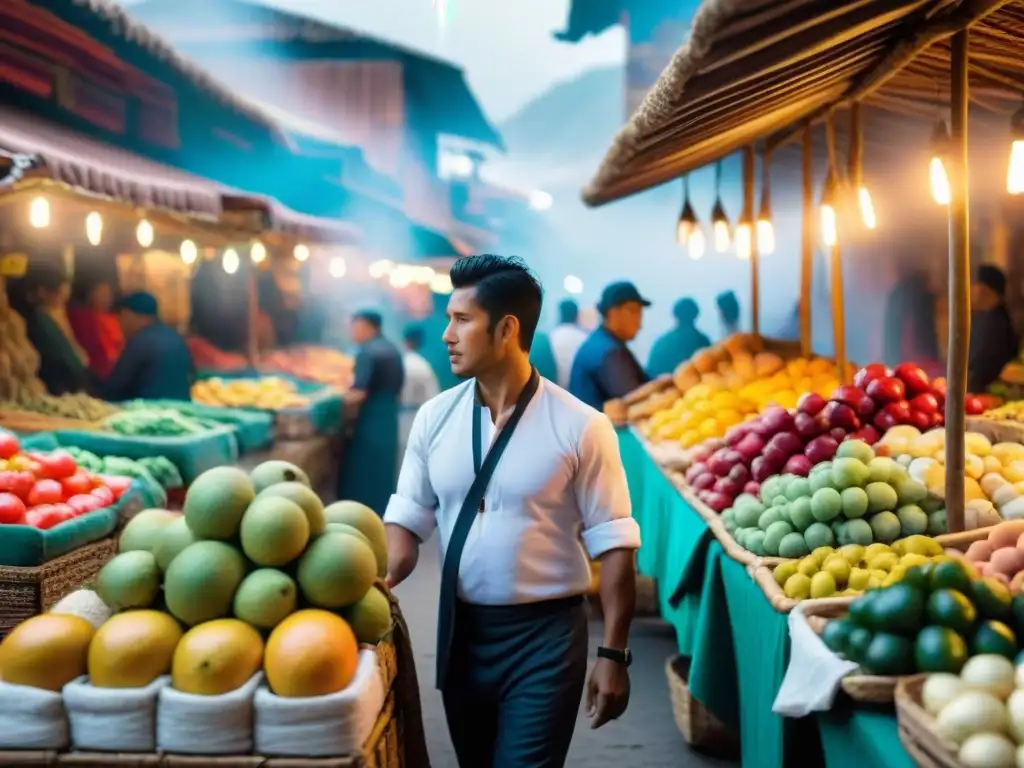 Una bulliciosa escena de un mercado peruano fusionando sabores locales con tendencias globales