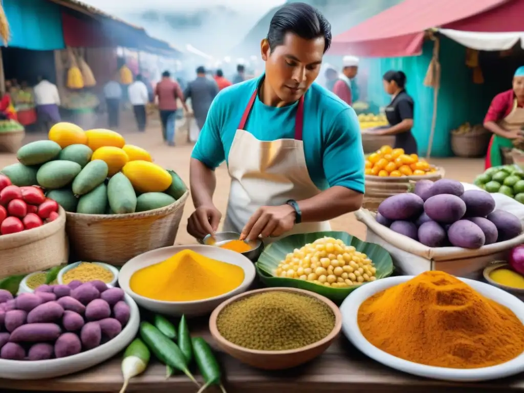 Una bulliciosa feria peruana con colores vibrantes y platos innovadores de la gastronomía peruana