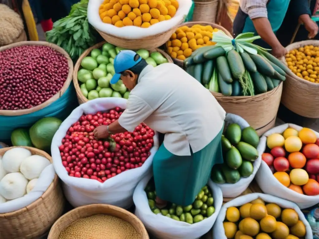 Una bulliciosa feria peruana con ingredientes autóctonos y vibrantes colores, fusionando la gastronomía peruana