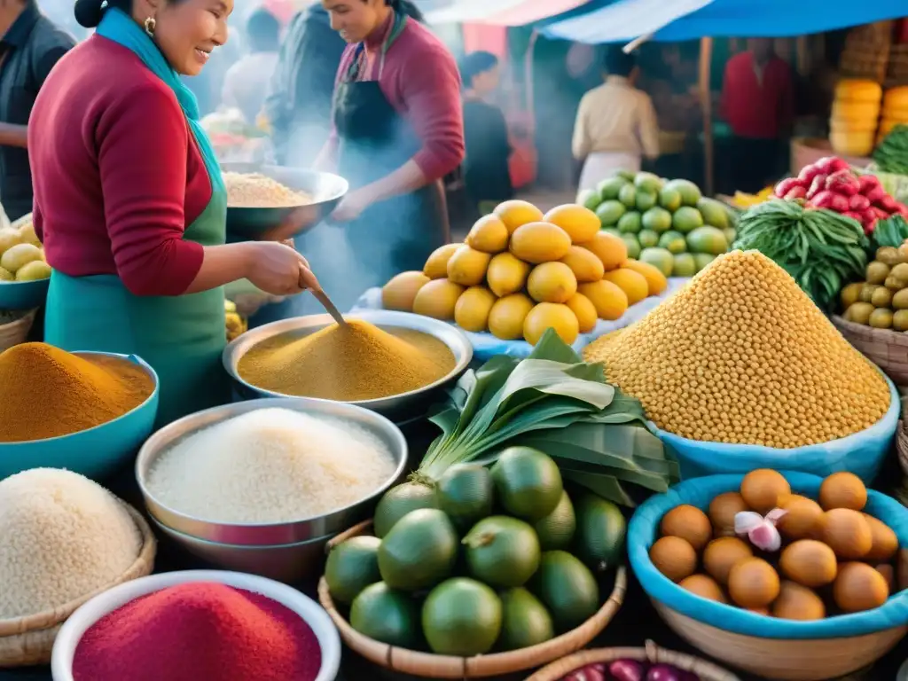 Explorando la bulliciosa gastronomía peruana en un colorido mercado, con vendedores locales y delicias culinarias