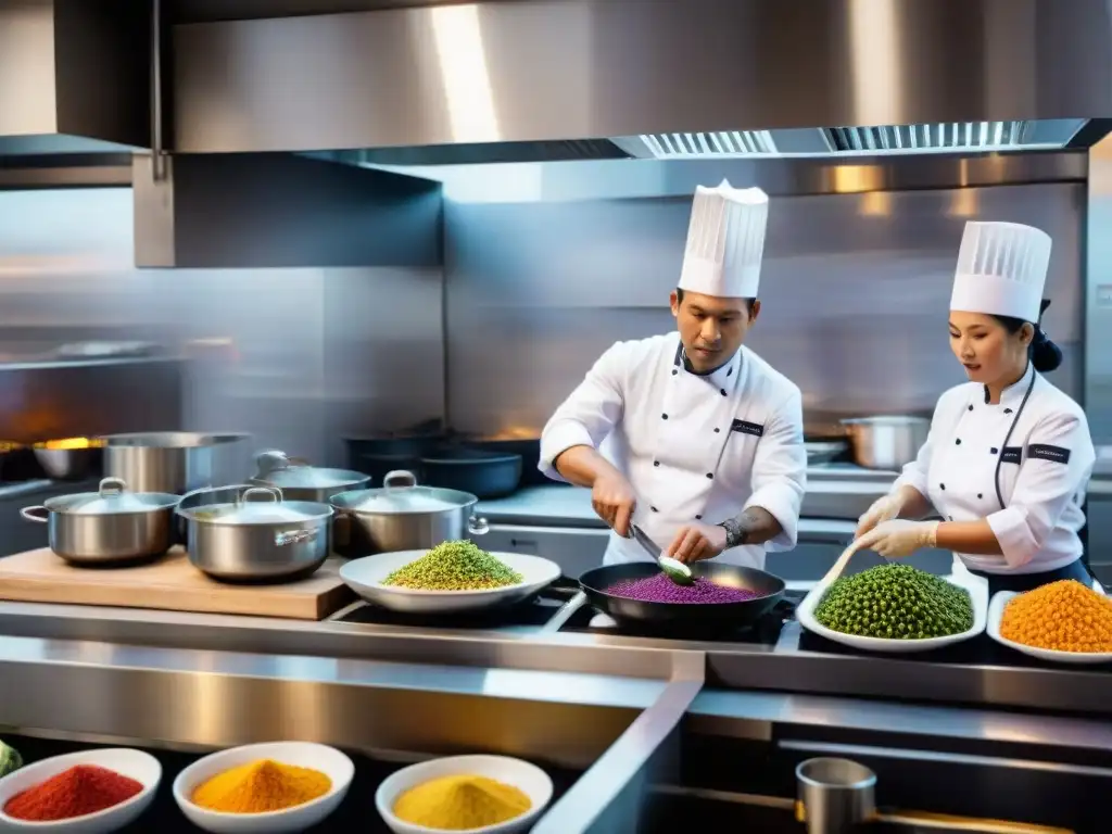 Un bullicioso ambiente en una cocina peruana llena de chefs concentrados