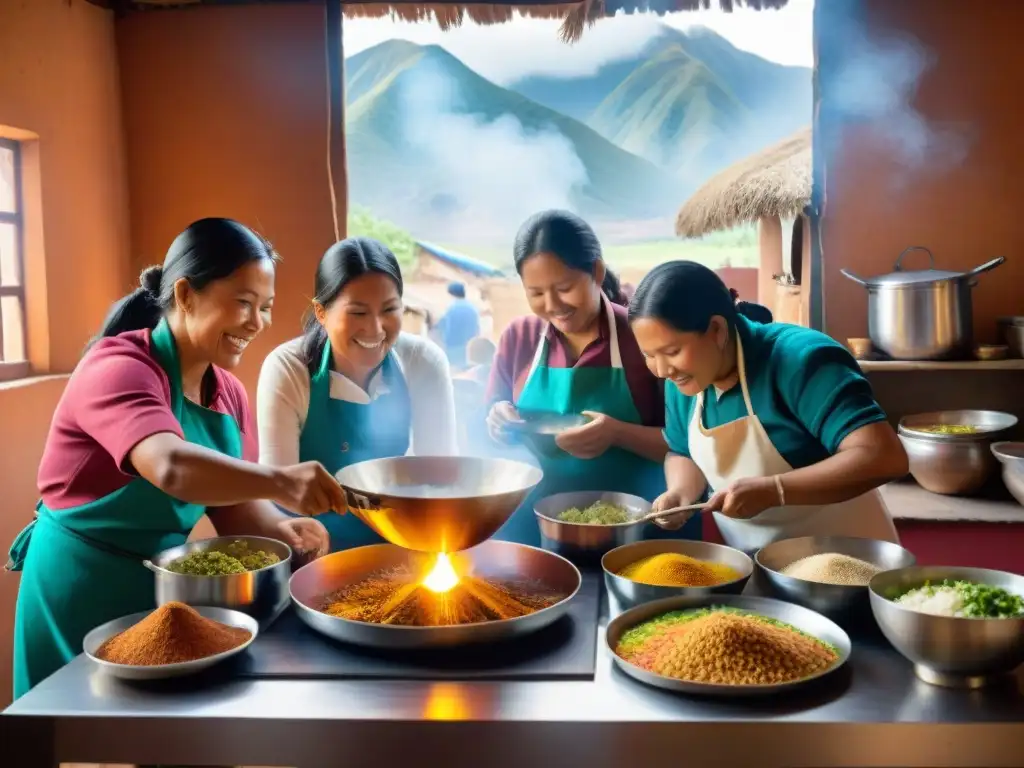 Un bullicioso y colorido ambiente en una cocina peruana tradicional, con cocinas solares sostenibles en el centro y chefs preparando platos típicos