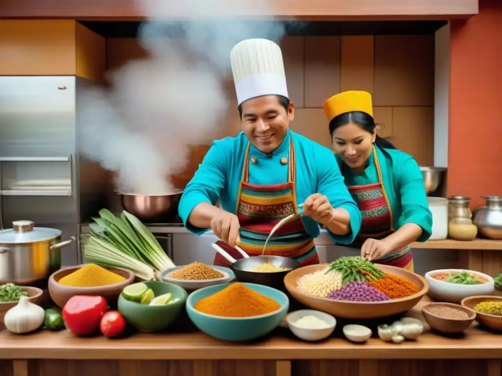 Un bullicioso y colorido ambiente de cocina peruana tradicional con chefs preparando ceviche, lomo saltado y causa