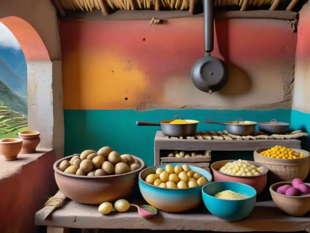 Un bullicioso y colorido ambiente de cocina peruana tradicional, destacando la preparación de diversas papas andinas