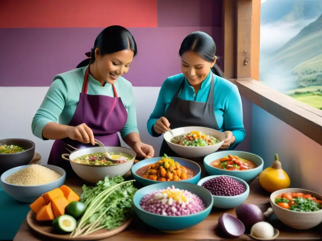 Un bullicioso y colorido hogar peruano con mujeres preparando platos tradicionales