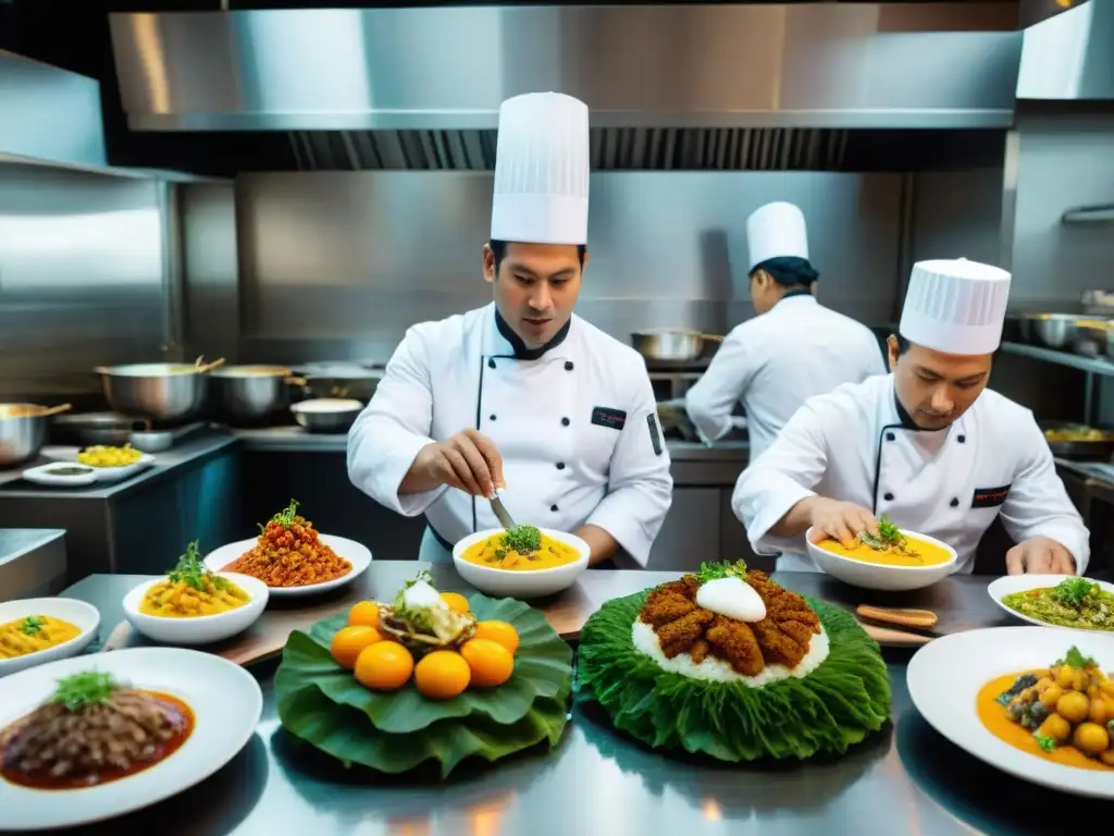 Un bullicioso y detallado restaurante de Lima donde chefs preparan Recetas ancestrales gastronomía peruana con técnicas culinarias modernas