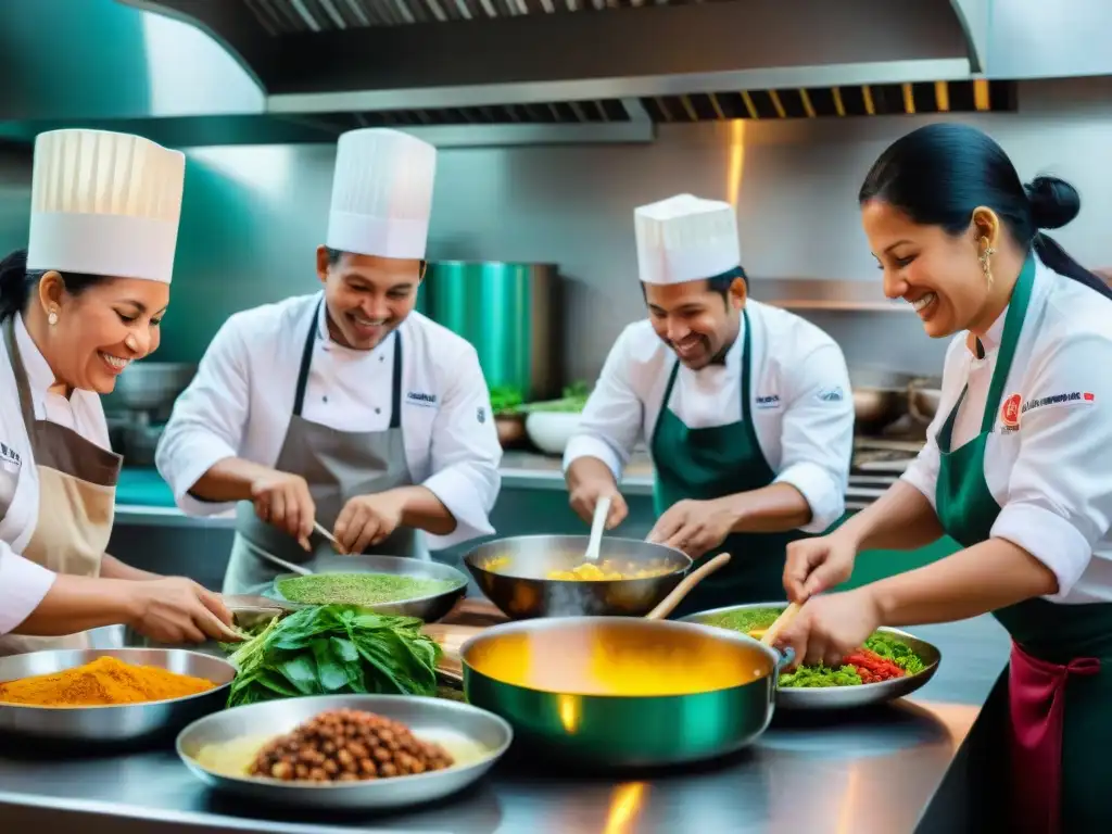 Un bullicioso y detallado retrato de una cocina peruana, reflejando diversidad, trabajo en equipo y cultura culinaria