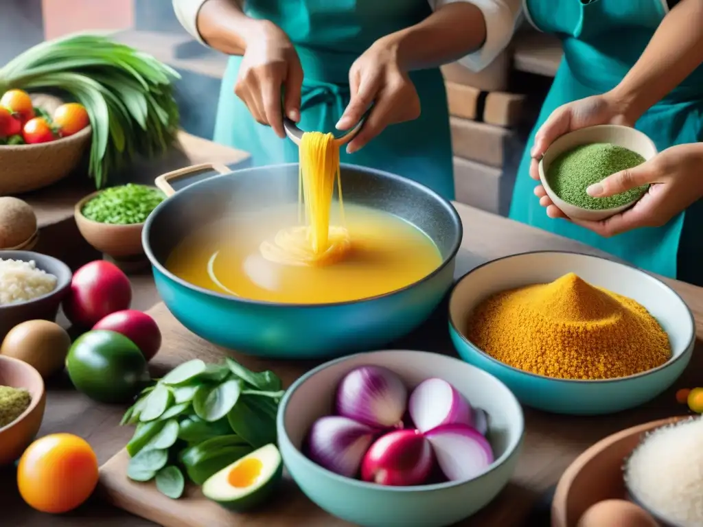 Un bullicioso y detallado retrato de una cocina tradicional peruana, cultivando ingredientes peruanos en casa