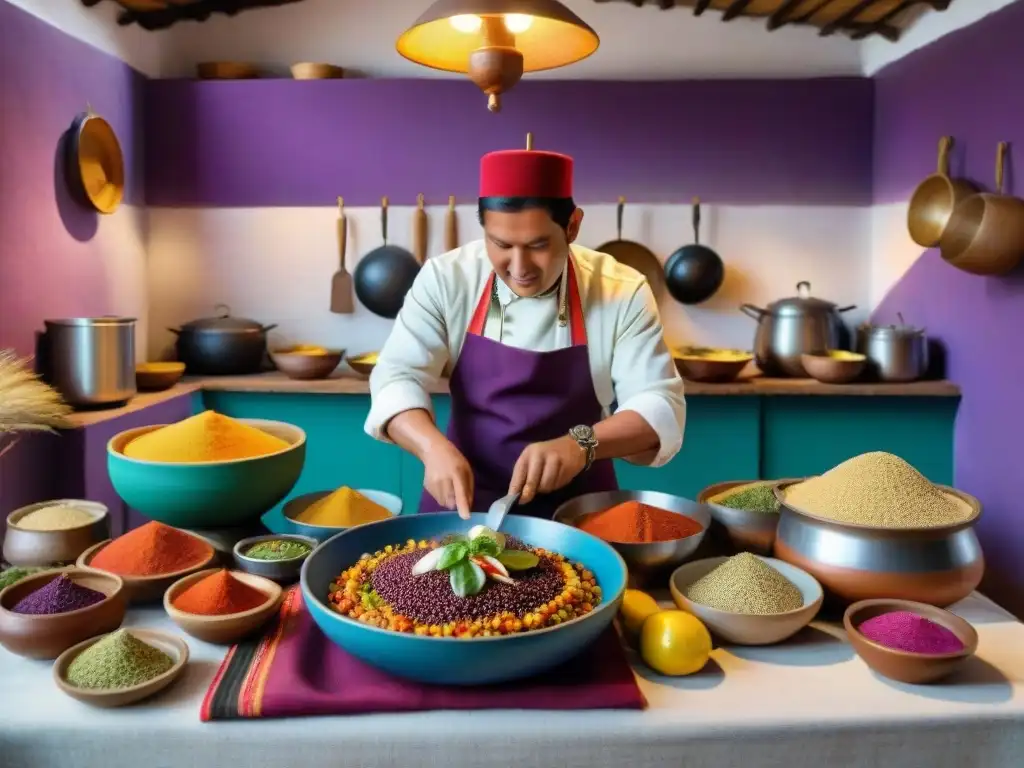 Un bullicioso y detallado retrato de una cocina peruana tradicional, llena de chefs indígenas y coloridos ingredientes autóctonos