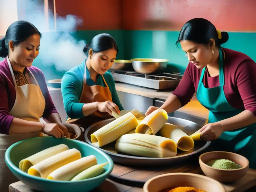 Un bullicioso y detallado retrato de una cocina peruana tradicional mientras cocineros expertos preparan tamales