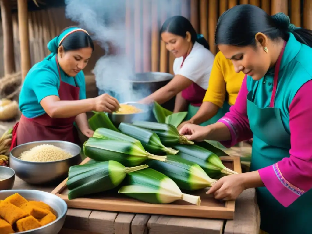 Un bullicioso y detallado retrato de una cocina peruana tradicional, con mujeres indígenas preparando variedades de tamales peruanos tradicionales