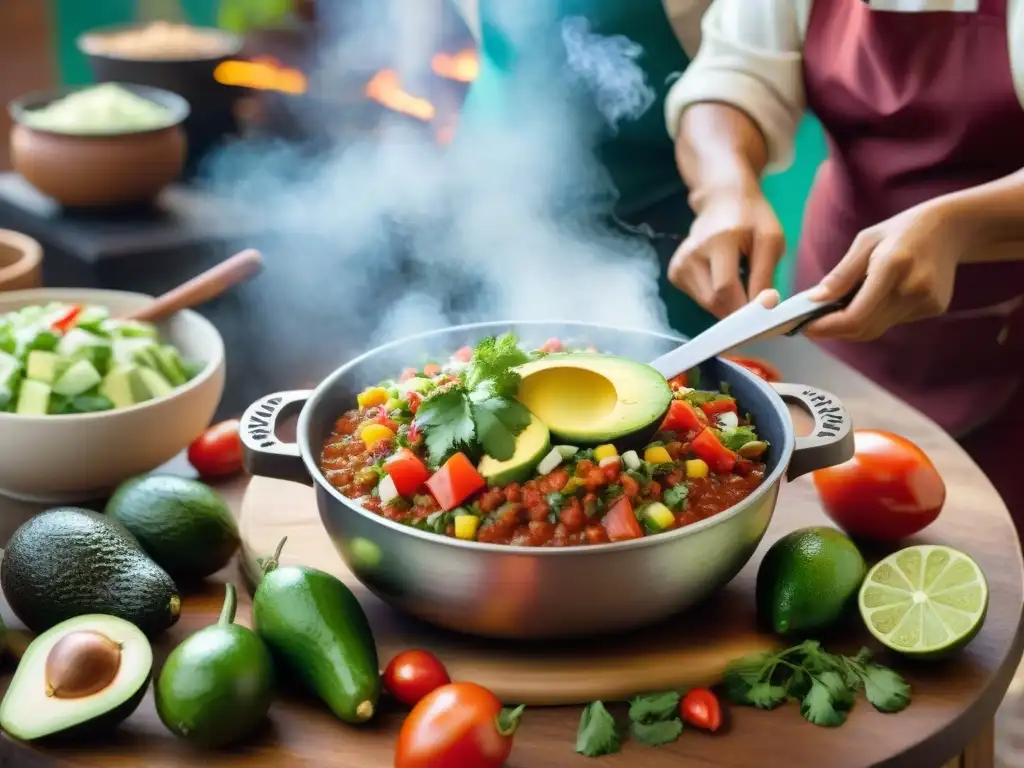 Un bullicioso y detallado retrato de una cocina peruana tradicional