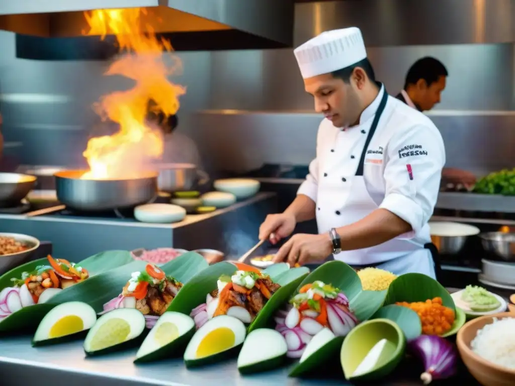 Un bullicioso escenario de cocina peruana con chefs preparando platos tradicionales y modernos