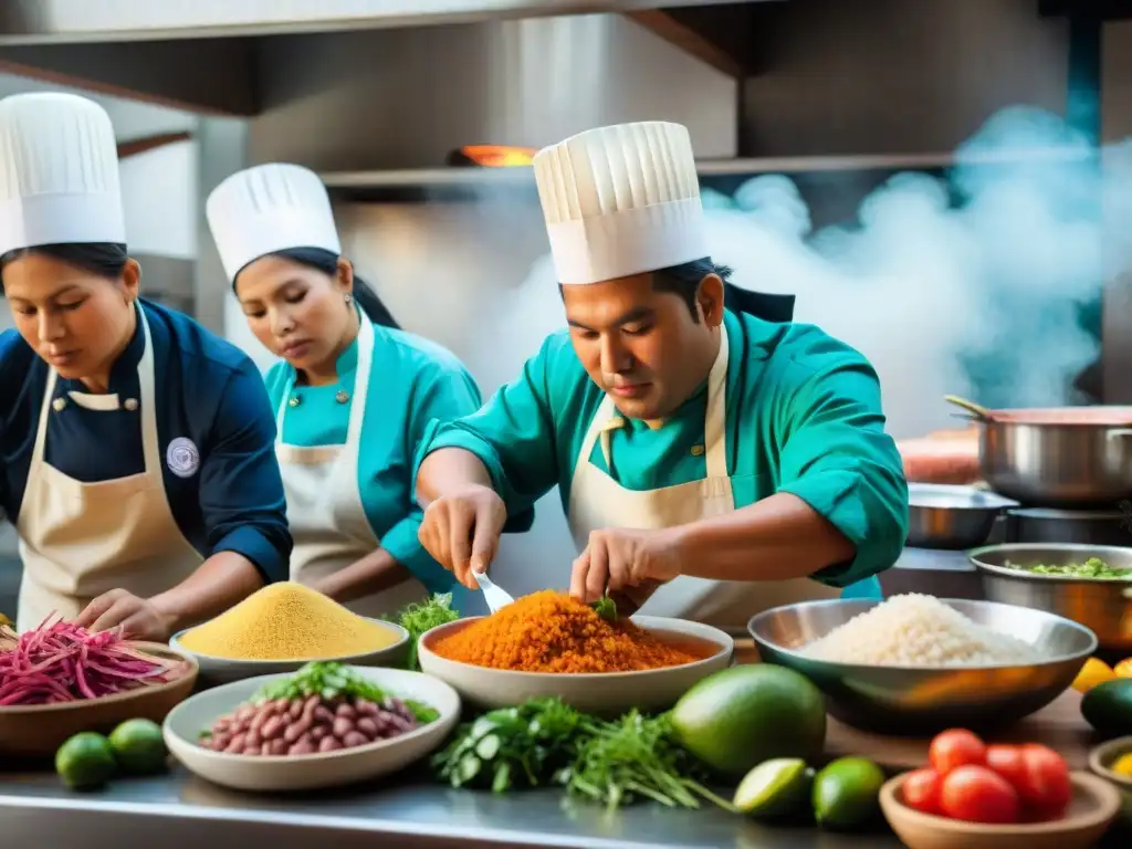 Un bullicioso escenario de cocina peruana tradicional con chefs apasionados preparando ceviche, lomo saltado y aji de gallina