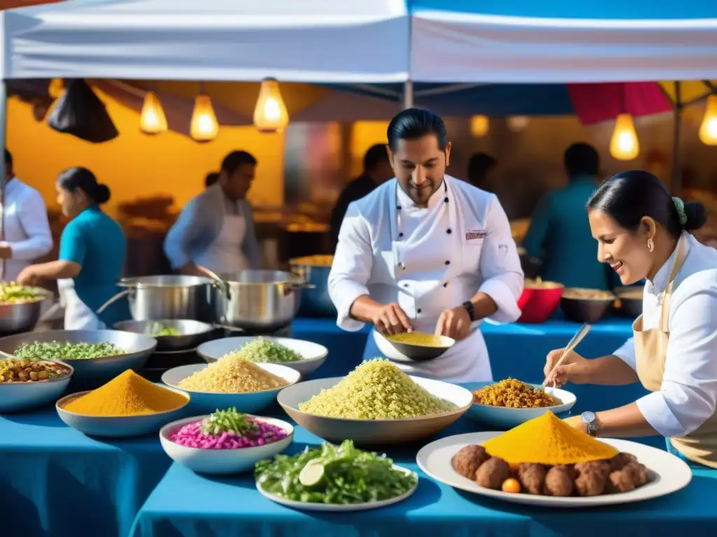 En un bullicioso festival de comida peruana, un chef prepara con pasión un platillo tradicional mientras curiosos observan