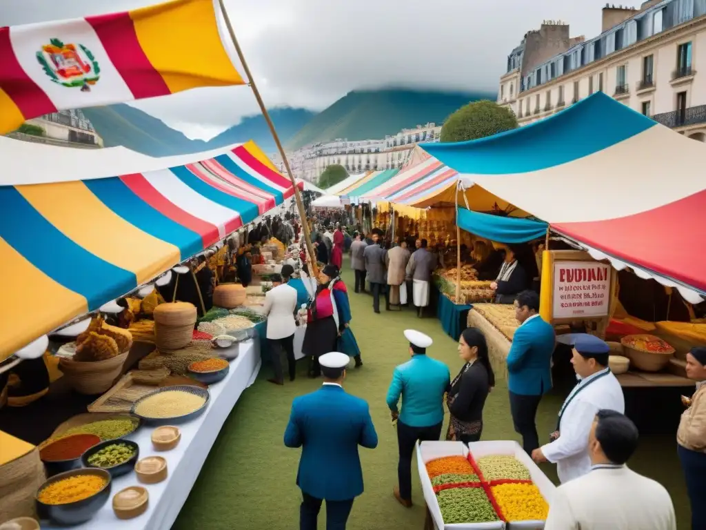 Bullicioso festival culinario en París con colorido puesto de comida peruana en primer plano, banderas peruanas y platos tradicionales