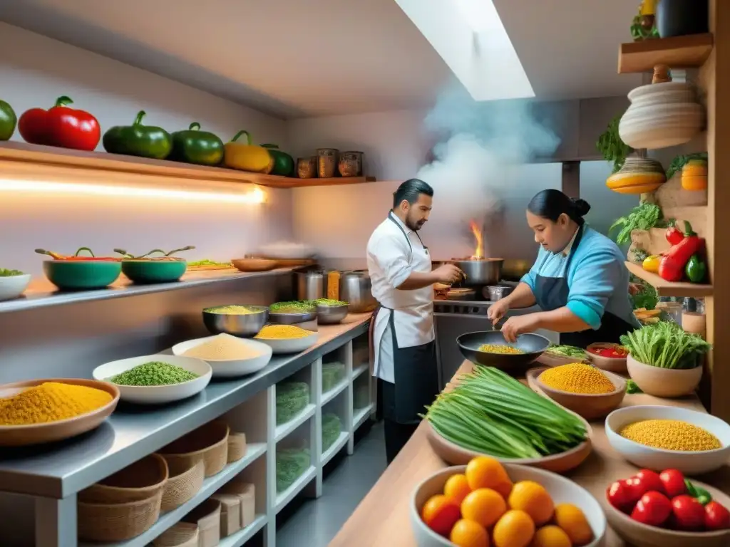 Un bullicioso hogar peruano donde chefs preparan platos coloridos