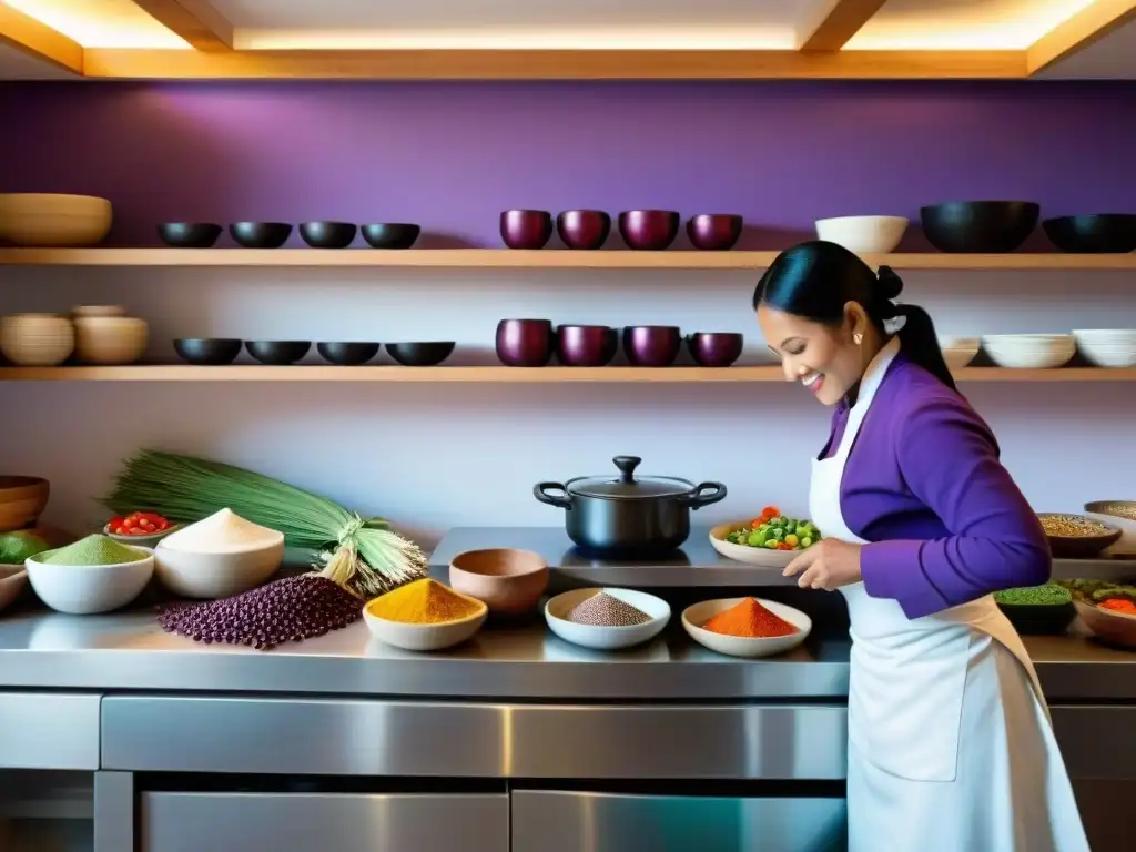 Un bullicioso hogar peruano lleno de ingredientes coloridos como maíz morado, quinua y ajíes