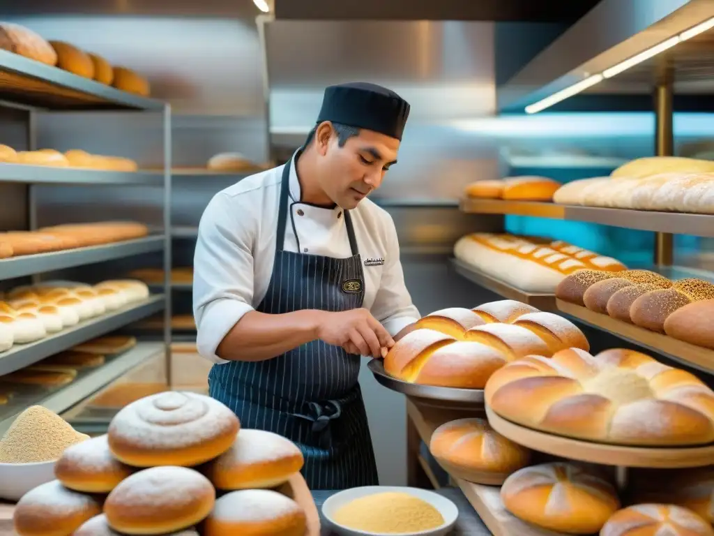 Un bullicioso horno peruano con panes peruanos tradicionales modernos siendo horneados y elaborados con destreza