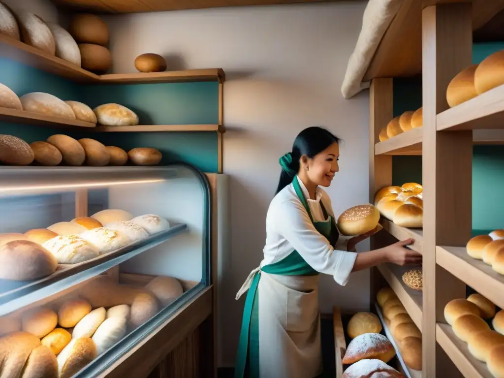 Un bullicioso horno peruano muestra una variedad de panes y pasteles recién horneados, con clientes felices