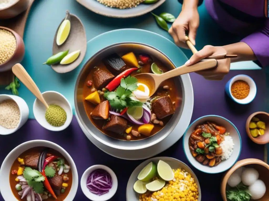 Un bullicioso huarique peruano con chefs preparando ceviche y lomo saltado, resaltando la gastronomía peruana platos tradicionales